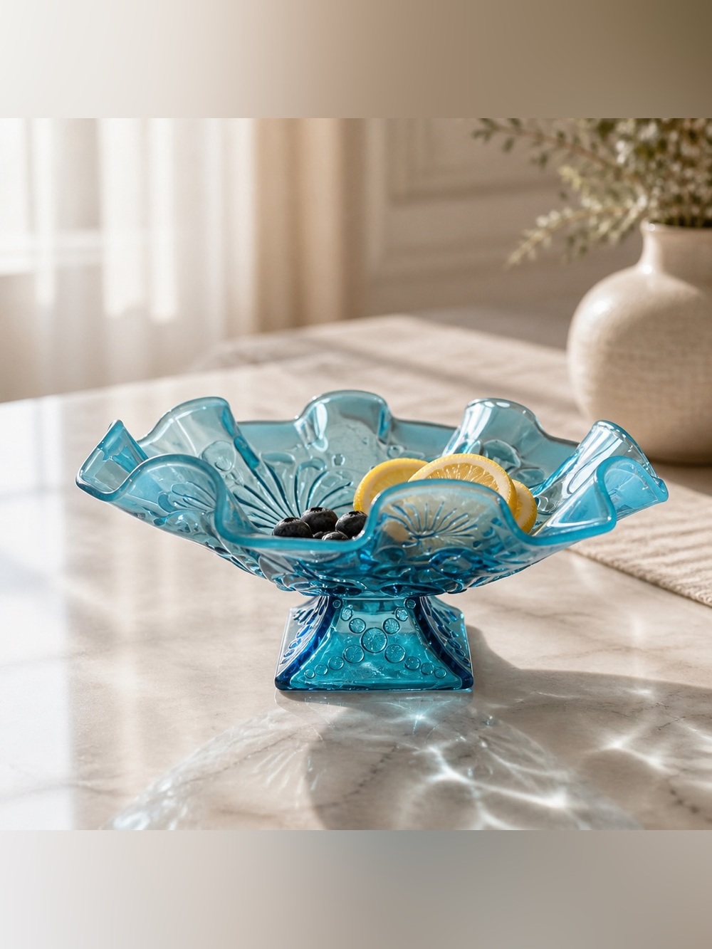Jefferson Glass opalescent blue glass bowl ruffled edge intricate floral pattern